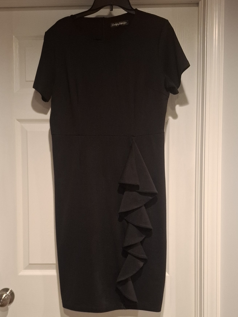 Black Midi Dress with Front Cascade Ruffle